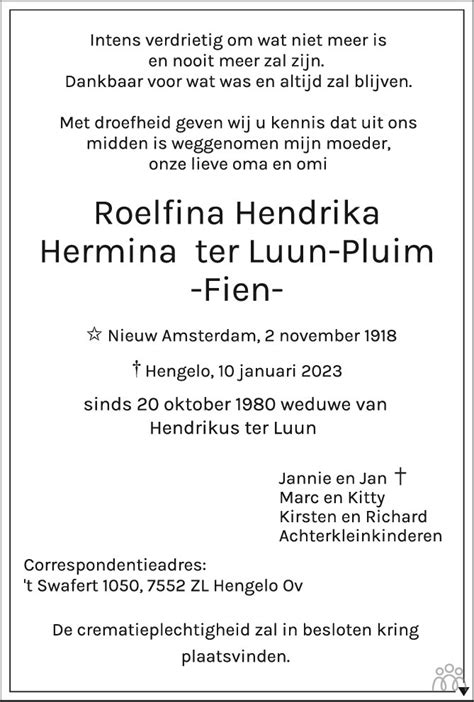 Roelfina Hendrika Fien Ter Luun Pluim 10 01 2023 Overlijdensbericht