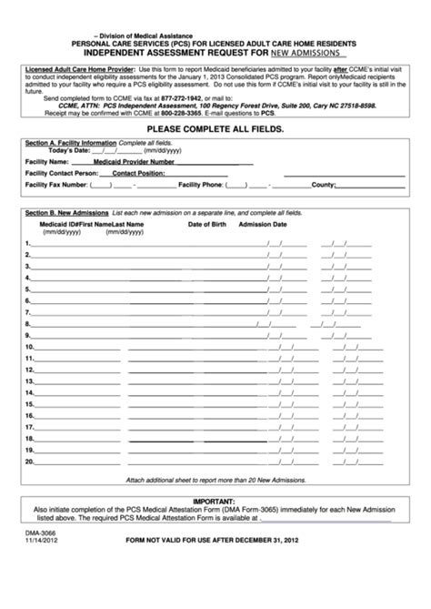 Fillable Form Dma 3066 Independent Assessment Request For New Admissions North Carolina