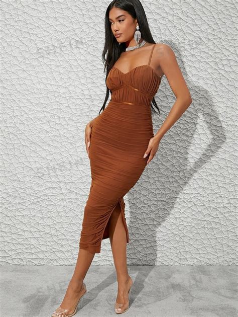 Mienne Ruched Mesh Split Hem Bodycon Dress Shein Usa