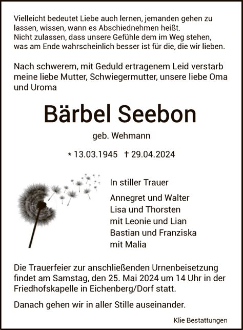 Traueranzeigen Von B Rbel Seebon Trauer Hna De