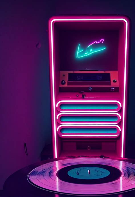 Beautiful Large Neon Music Jukebox With Vinyl Records Midjourney