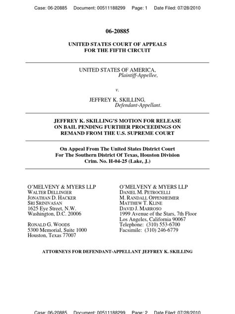 Jeff Skillings Motion To The Fifth Circuit Court Of Appeals For