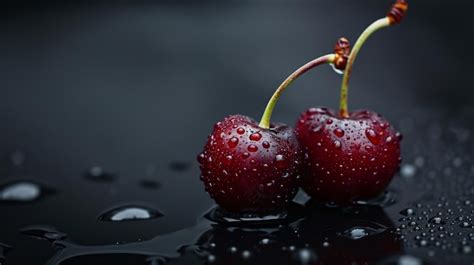 Premium Photo Water Drops On Red Cherries On A Black Background