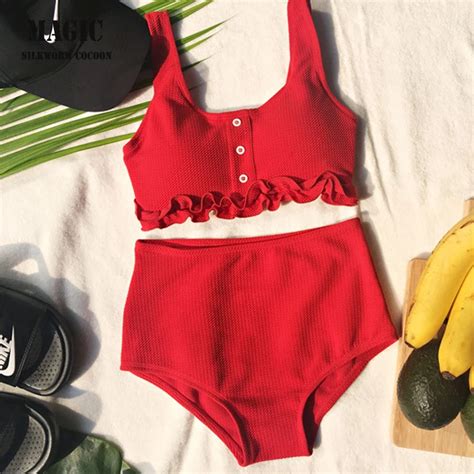 Red Black High Waist Bikini Set New Ruffle Backless Swimming Suit Women