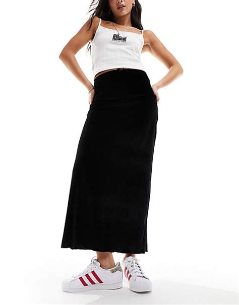 Asos Design Velvet Midi Skirt With Lettuce Hem In Black Asos