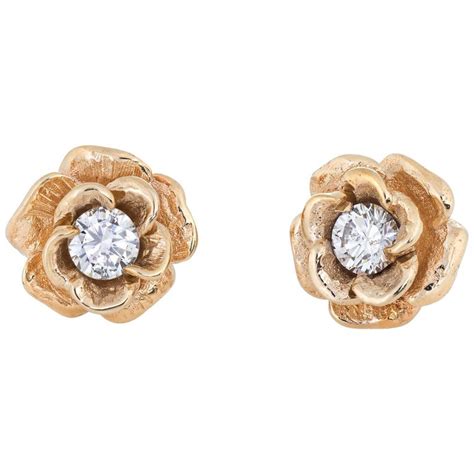 Diamond Stud Earrings Vintage 14 Karat Gold Rose Flower Jewelry Screw