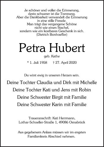 Traueranzeigen Von Petra Hubert Noz Trauerportal