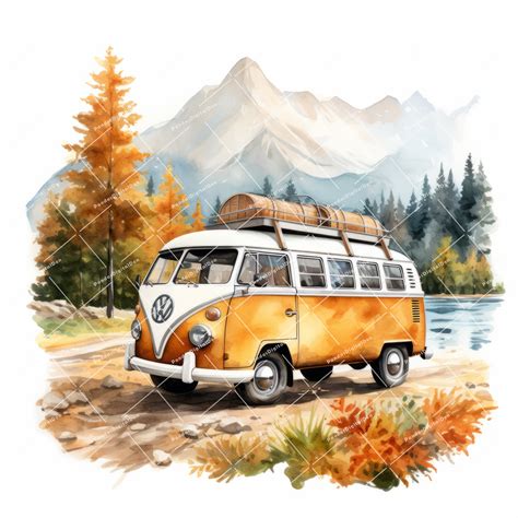 10 Watercolour Volkswagen T1 Volkswagen Clipart Bus Clipart Car Clipart