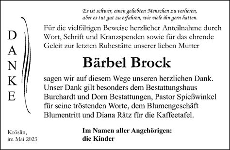 Traueranzeigen von Bärbel Brock trauer anzeigen de