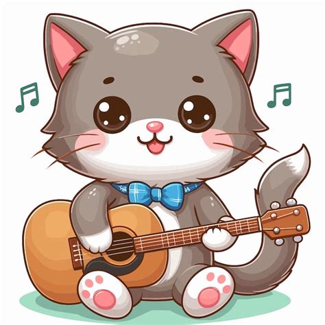 Gato Bonito Tocando Guitarra Vetor De Desenho Animado Em Fundo Branco