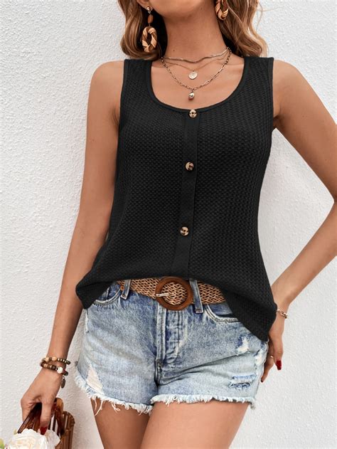 SHEIN LUNE Waffle Knit Button Front Tank Top SHEIN USA