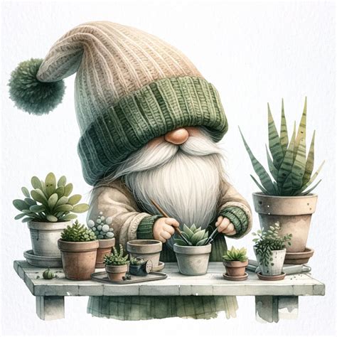 Watercolor Gardener Gnomes Succulent Gnome Png Green House Gnomes