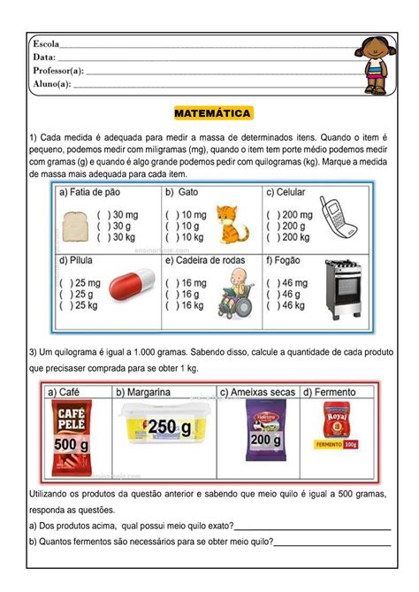 Matem Tica Medidas De Massa Atividade De Matem Tica Para Trabalhar