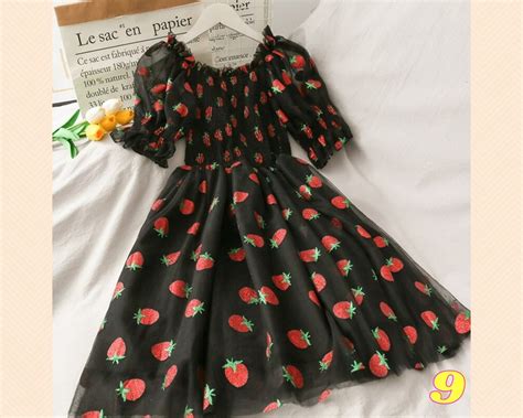 Strawberry Dress Women Printed High Waist Mid Length Mesh Etsy