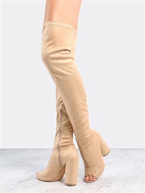 Faux Suede Peep Toe Thigh Boots NUDE SHEIN Thigh Boot Nude Boots Shoe Boots