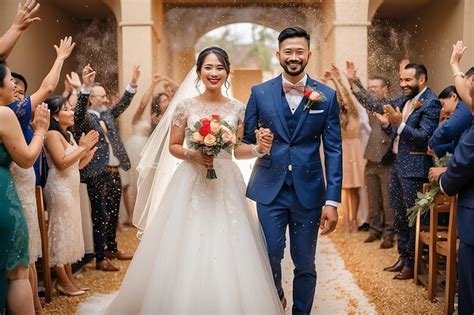 Feliz fotografía de boda de la novia y el novio en la ceremonia de boda