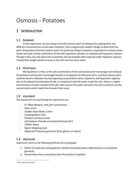 Potato Osmosis Experiment Results Table