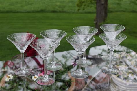 Vintage Needle Etched Crystal Martini Glasses Set Of 5 Tiffin