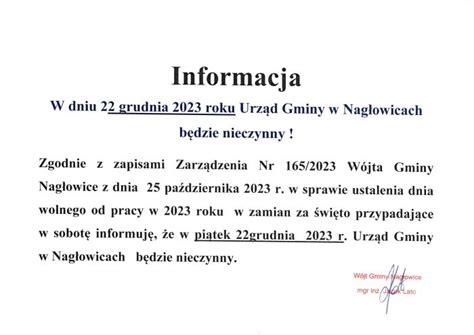 Informujemy że w dniu 22 grudnia 2023 roku Urząd Gminy w Nagłowicach