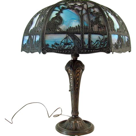 Salem Brothers Table Lamp With Filigreed Slag Glass Shade Down The Road Antiques Ruby Lane