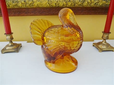 Vintage L E Smith Amber Glass Turkey Candy Dish Pressed Glass Turkey Covered Compote