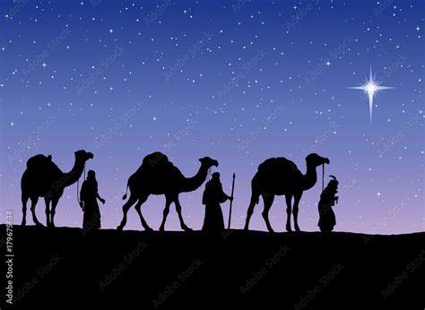 Three Wise Kings Following Star Of Bethlehem Vector Illustration Stock