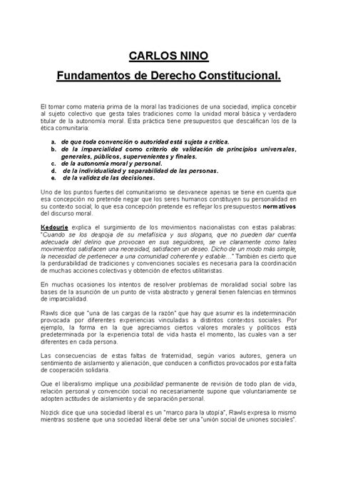 Resumen Dcho Constitucional Carlos Nino Fundamentos De Derecho Constitucional El Tomar Como