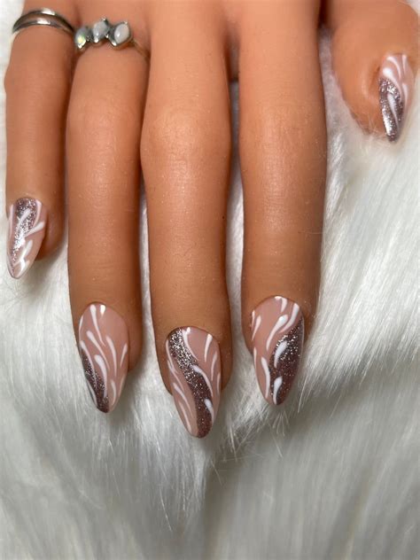 Nude Nails With Rose Gold And Hand Painted White Abstract Art Need Help Sizing Your Nails See