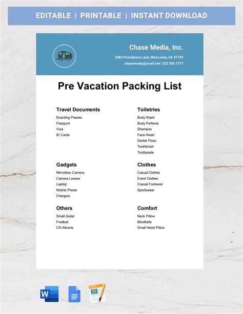 Export Packing List Template Google Docs Word Apple Pages