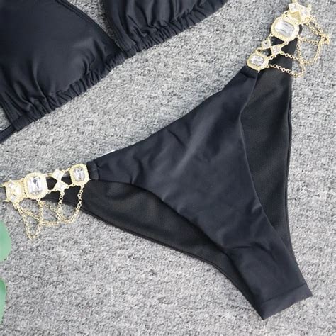 Sexy Jeunes Filles Bikini Noir À La Main D été Diamant 2 Pièces Bikini Strass Maillots De Bain