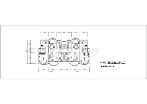 板式多层一梯二户错层三室二厅二卫建筑cad户型图大户型房屋设计图土木在线