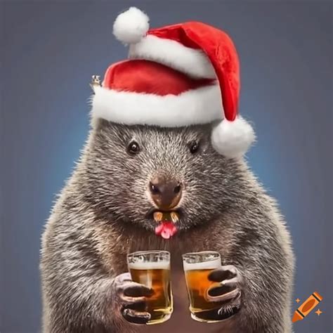 Funny Wombat Wearing Santa Claus Hat Holding A Beer On Craiyon