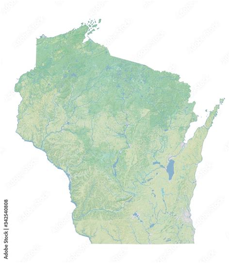 High Resolution Topographic Map Of Wisconsin With Land Cover Rivers