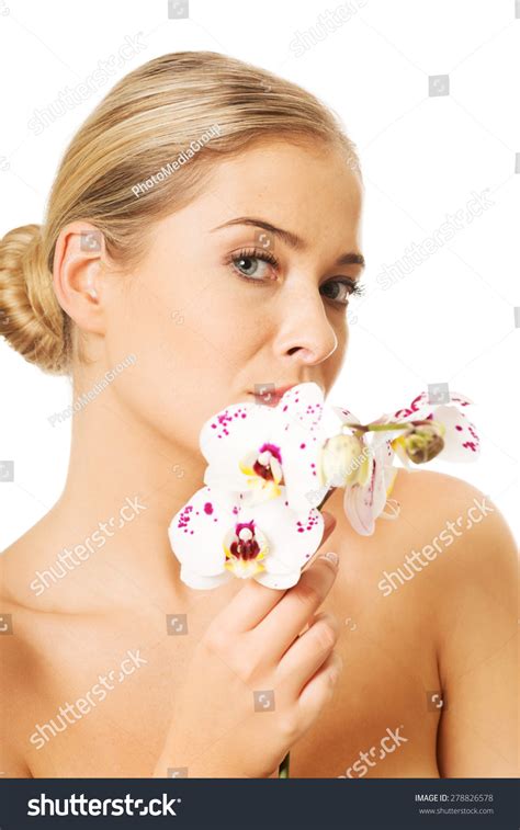 Sensual Portrait Nude Woman Orchid Flower Stock Photo
