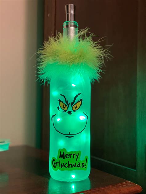 Grinch Lighted Wine Bottle Etsy Wine Bottle Crafts Christmas Wine