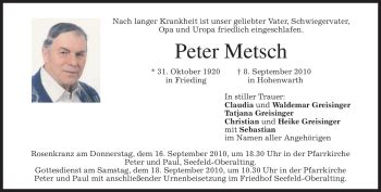 Traueranzeigen Von Peter Metsch Trauer Merkur De