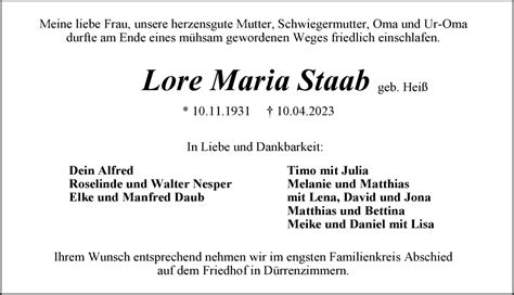 Traueranzeigen Von Lore Maria Staab Trauerundgedenken De