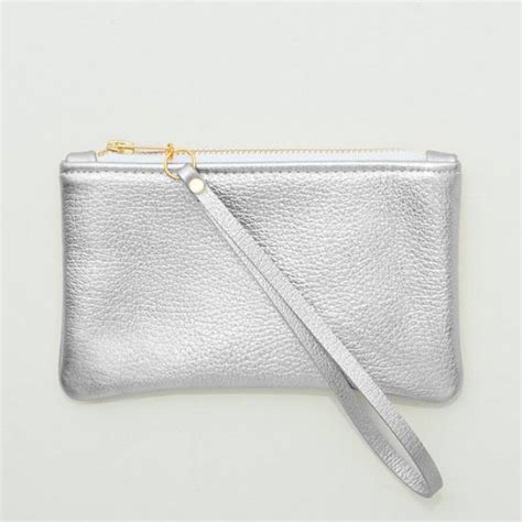 Small Metallic Silver Leather Zipper Wristlet, Zipper Pouch, Cell Phone Pouch, Silver Clutch ...