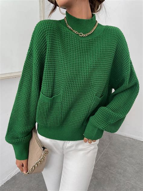 Dual Pocket Drop Shoulder Mock Neck Sweater Knitting Women Cardigan