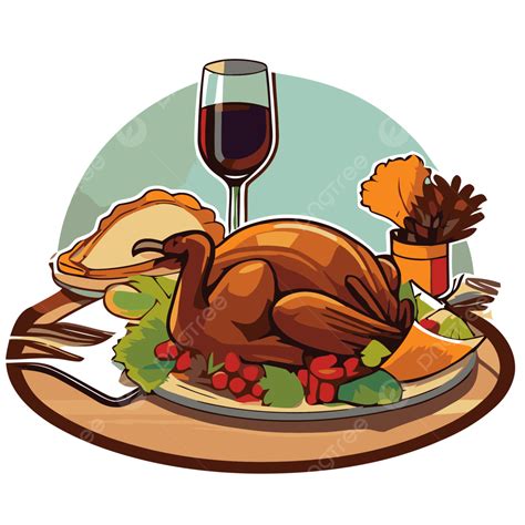 Thanksgiving Turkey With A Glass Of Wine And A Plate Of Fruit Vector