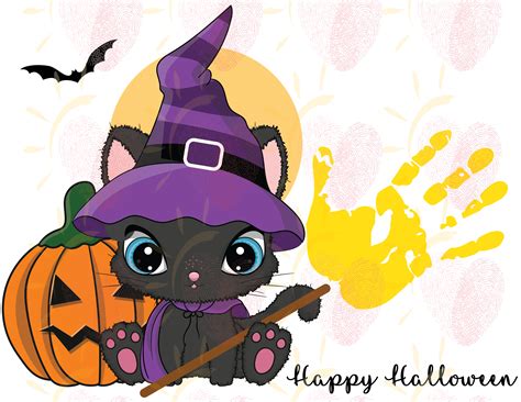 Happy Halloween Witch Cat Broom Handprint October Handprint