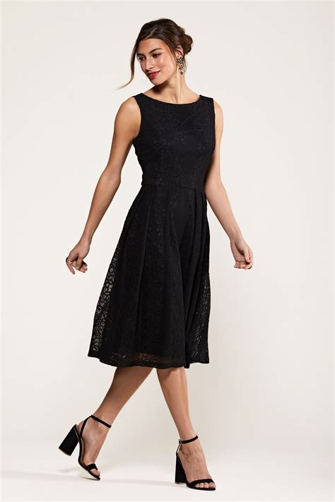 Black Fit And Flare Pleated Lace Dress