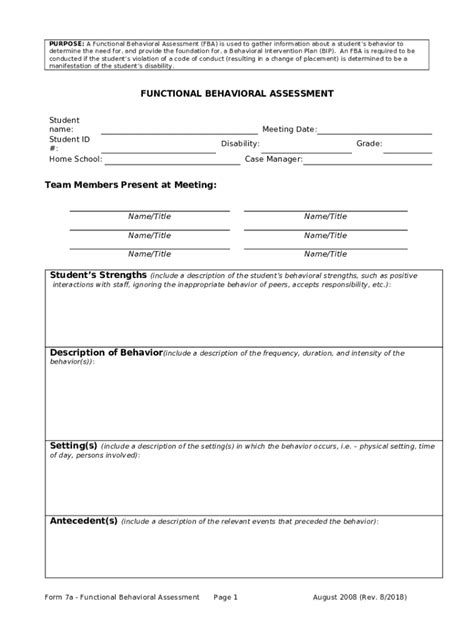 Functional Behavioral Assessment Fba Doc Template Pdffiller