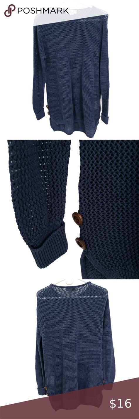 Simply Noelle Blue Open Knit Crochet Tunic Length Sweater Size Sm 8