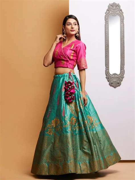 Buy Turquoise Pink Block Printed Chanderi Silk Lehenga Set Of 3