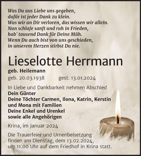 Traueranzeigen Von Lieselotte Herrmann Abschied Nehmen De