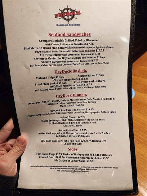 Menu At Drydock Restaurant Hilton Head Island