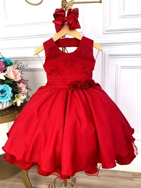 Vestido Infantil Vermelho Aplique De Flores Damas Rosa Charmosa