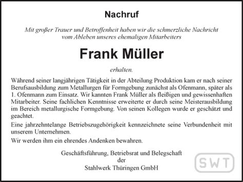 Traueranzeigen von Frank Müller trauer in thueringen de