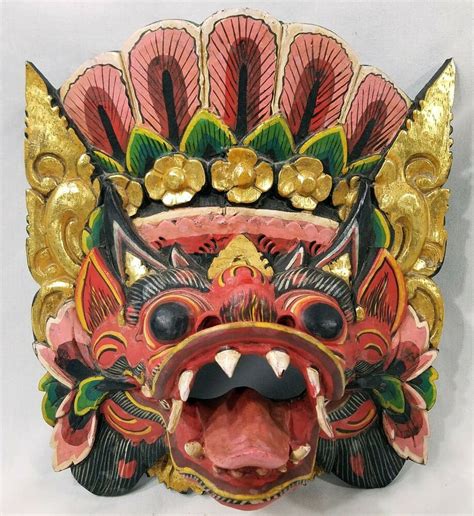 Wood Hand Carved Barong Lion Wall Mask Bali Indonesia Decor Art